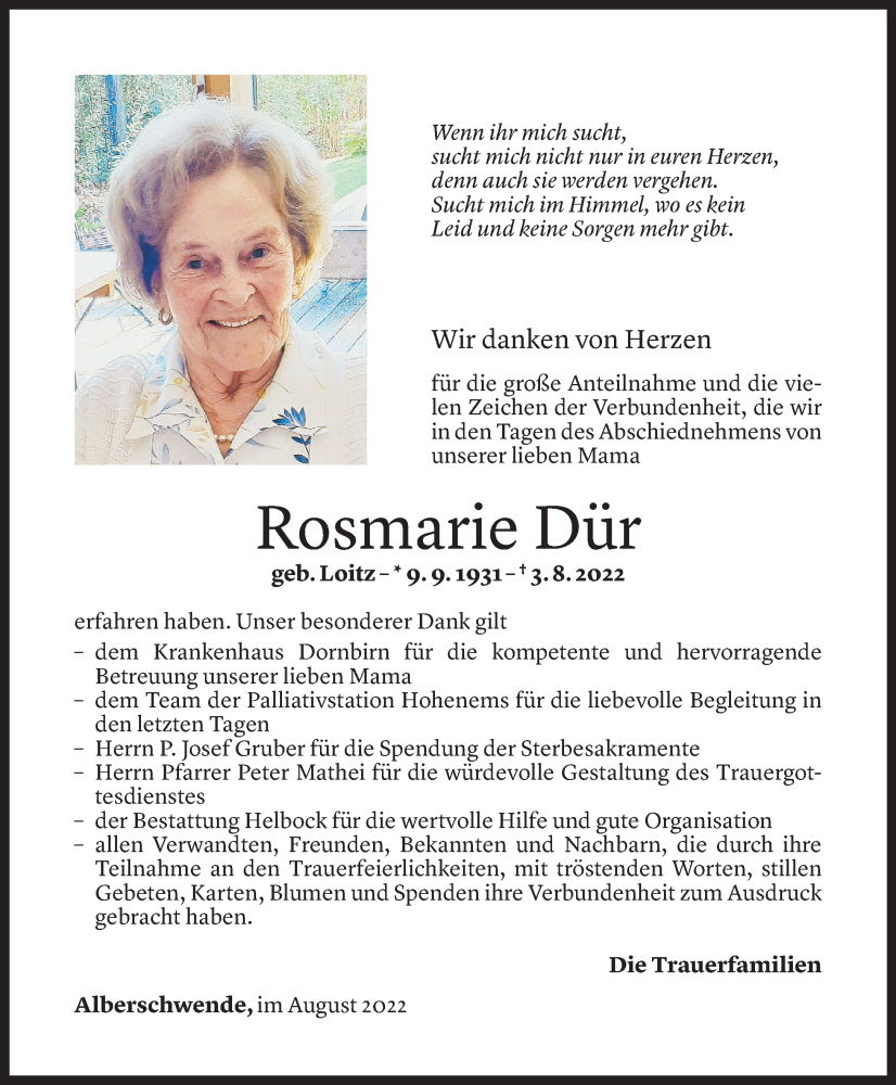  Todesanzeige für Rosmarie Dür vom 26.08.2022 aus Vorarlberger Nachrichten