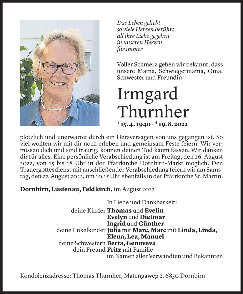  Todesanzeige für Irmgard Thurnher vom 23.08.2022 aus Vorarlberger Nachrichten