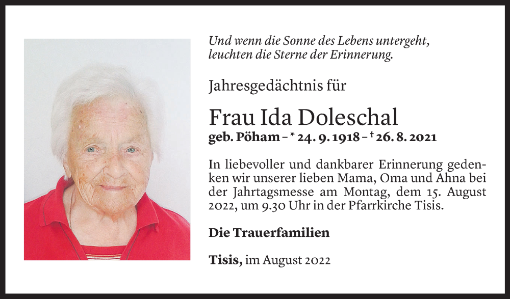  Todesanzeige für Ida Doleschal vom 11.08.2022 aus Vorarlberger Nachrichten