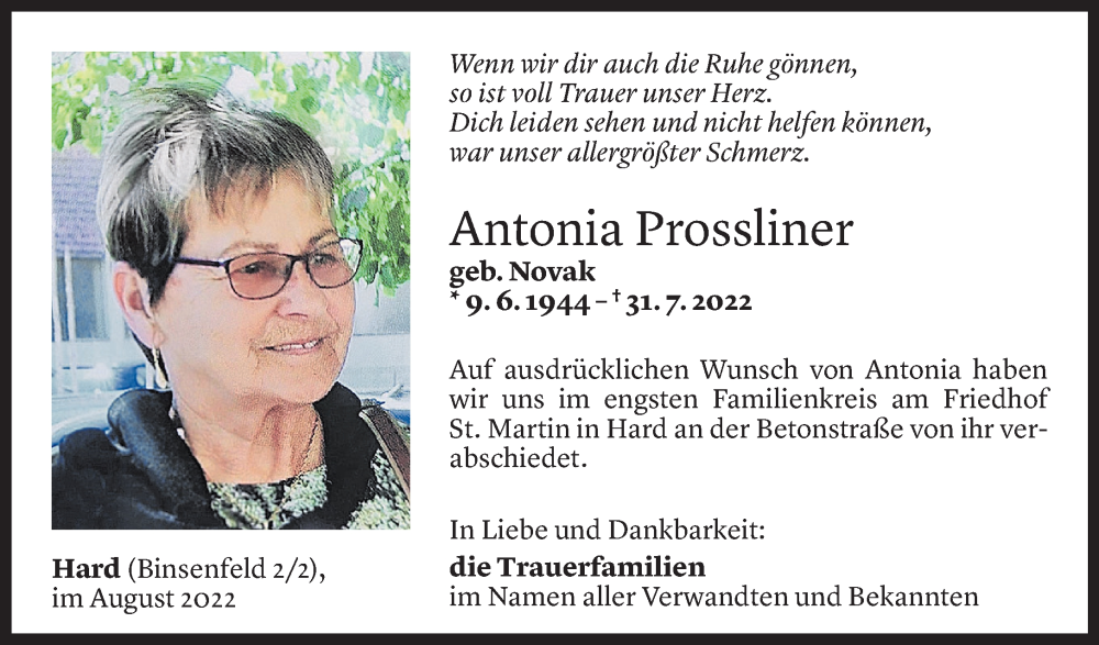  Todesanzeige für Antonia Prossliner vom 09.08.2022 aus Vorarlberger Nachrichten
