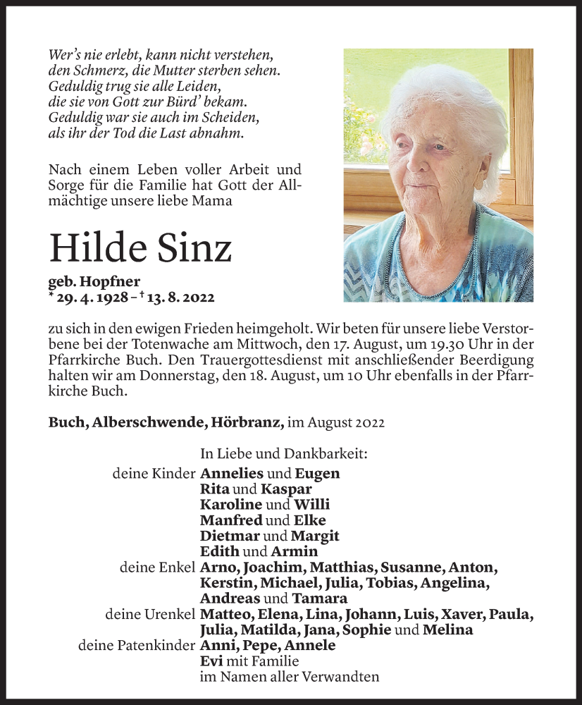  Todesanzeige für Hilde Sinz vom 16.08.2022 aus Vorarlberger Nachrichten
