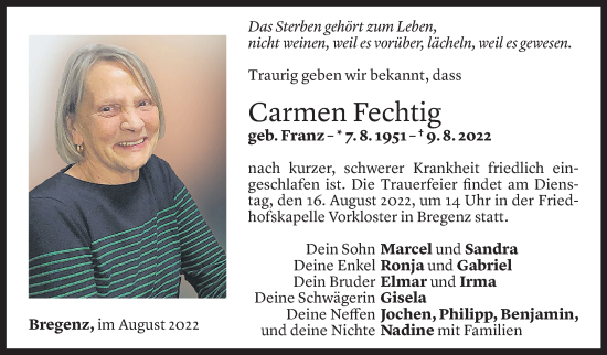Todesanzeige von Carmen Fechtig von Vorarlberger Nachrichten