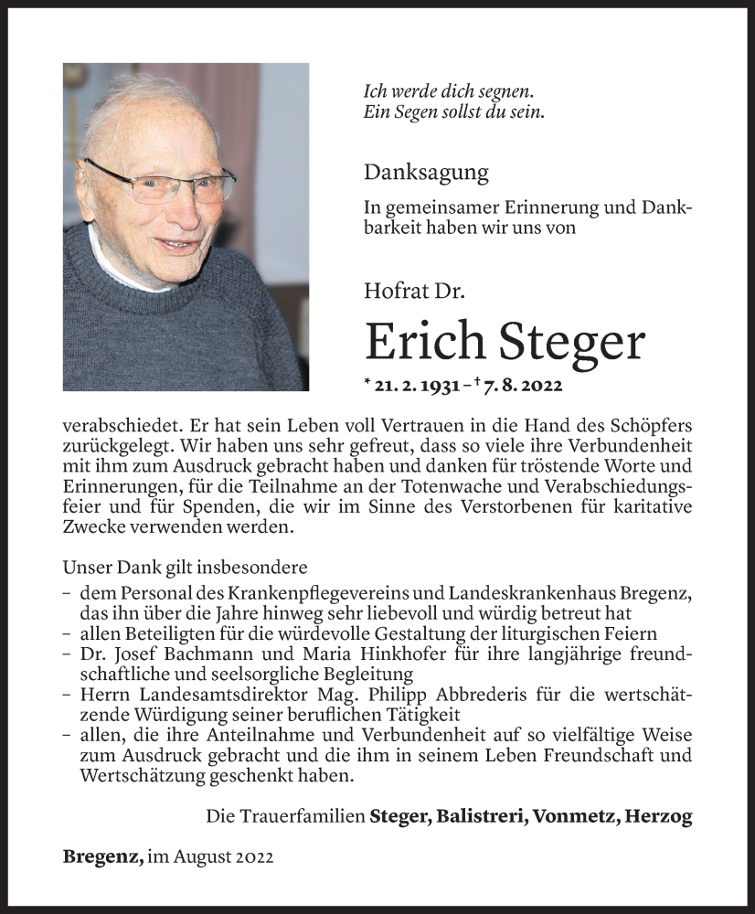  Todesanzeige für Erich Steger vom 25.08.2022 aus Vorarlberger Nachrichten
