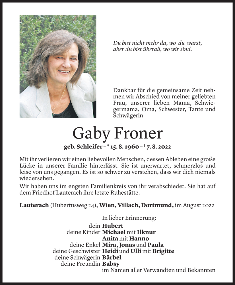  Todesanzeige für Gaby Froner vom 18.08.2022 aus Vorarlberger Nachrichten