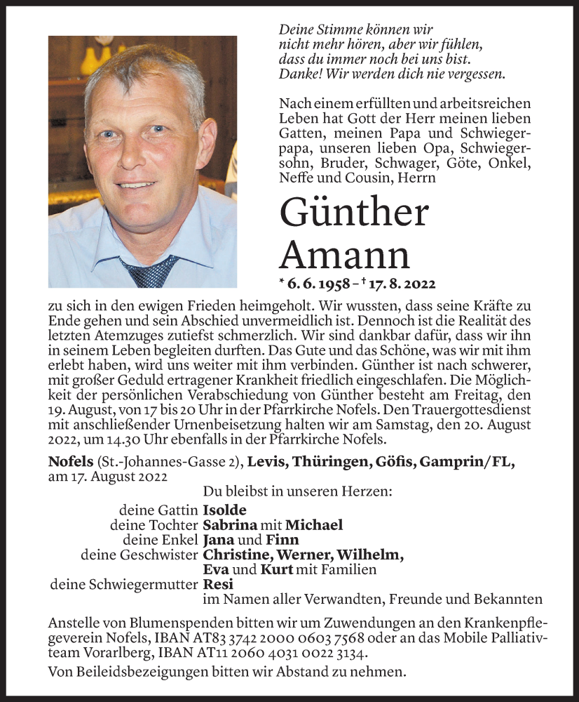  Todesanzeige für Günther Amann vom 17.08.2022 aus Vorarlberger Nachrichten