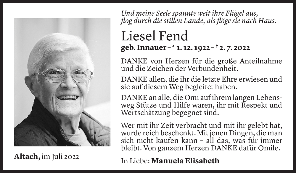  Todesanzeige für Elisabeth Fend vom 02.08.2022 aus Vorarlberger Nachrichten