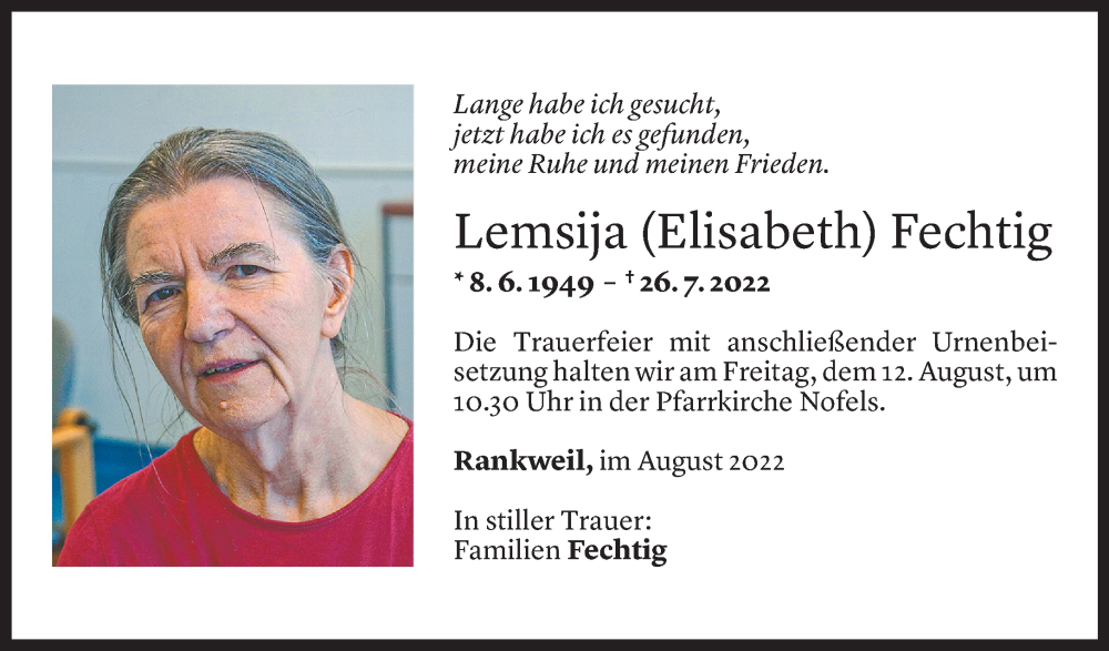  Todesanzeige für Lemsija Fechtig vom 06.08.2022 aus Vorarlberger Nachrichten