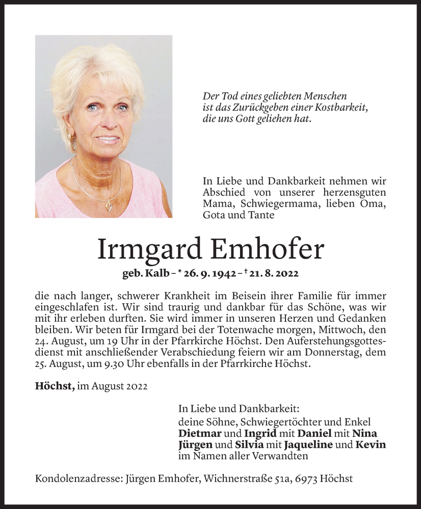  Todesanzeige für Irmgard Emhofer vom 23.08.2022 aus Vorarlberger Nachrichten