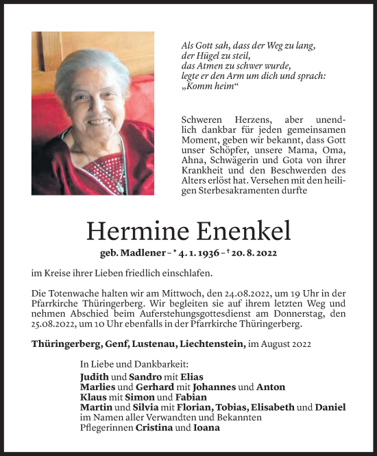 Todesanzeige von Hermine Enenkel von Vorarlberger Nachrichten