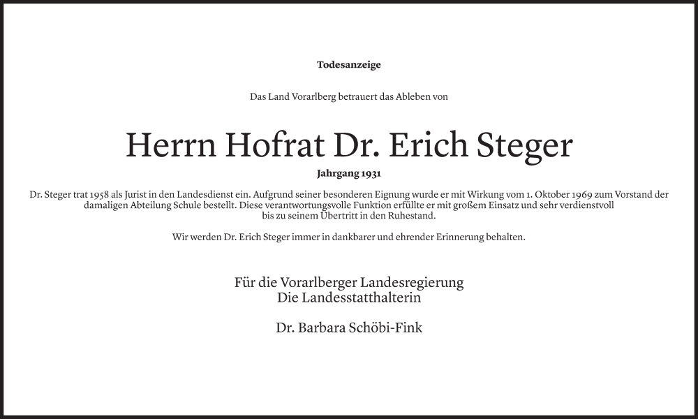  Todesanzeige für Erich Steger vom 12.08.2022 aus Vorarlberger Nachrichten