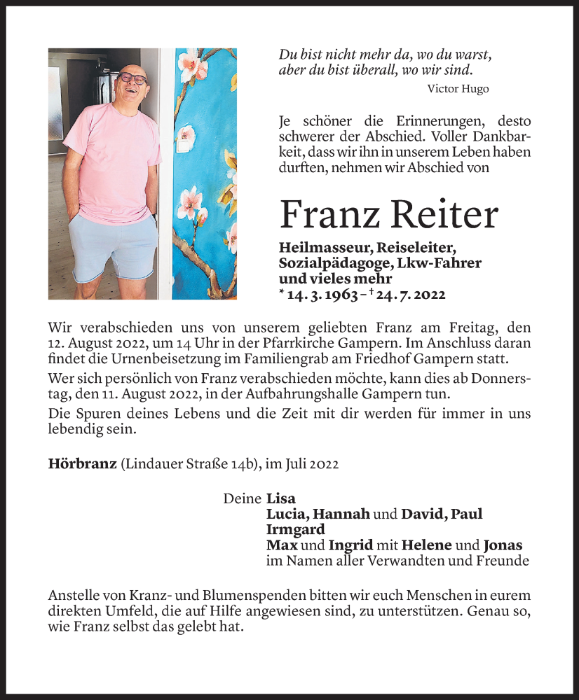  Todesanzeige für Franz Reiter vom 05.08.2022 aus Vorarlberger Nachrichten