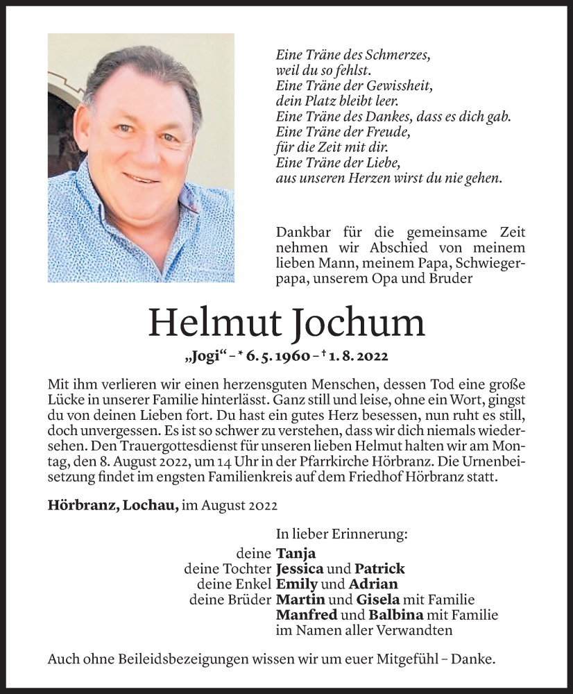  Todesanzeige für Helmut Jochum vom 05.08.2022 aus Vorarlberger Nachrichten