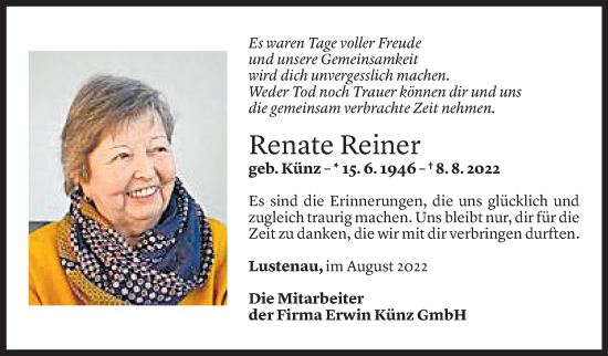 Todesanzeige von Renate Reiner von vorarlberger nachrichten