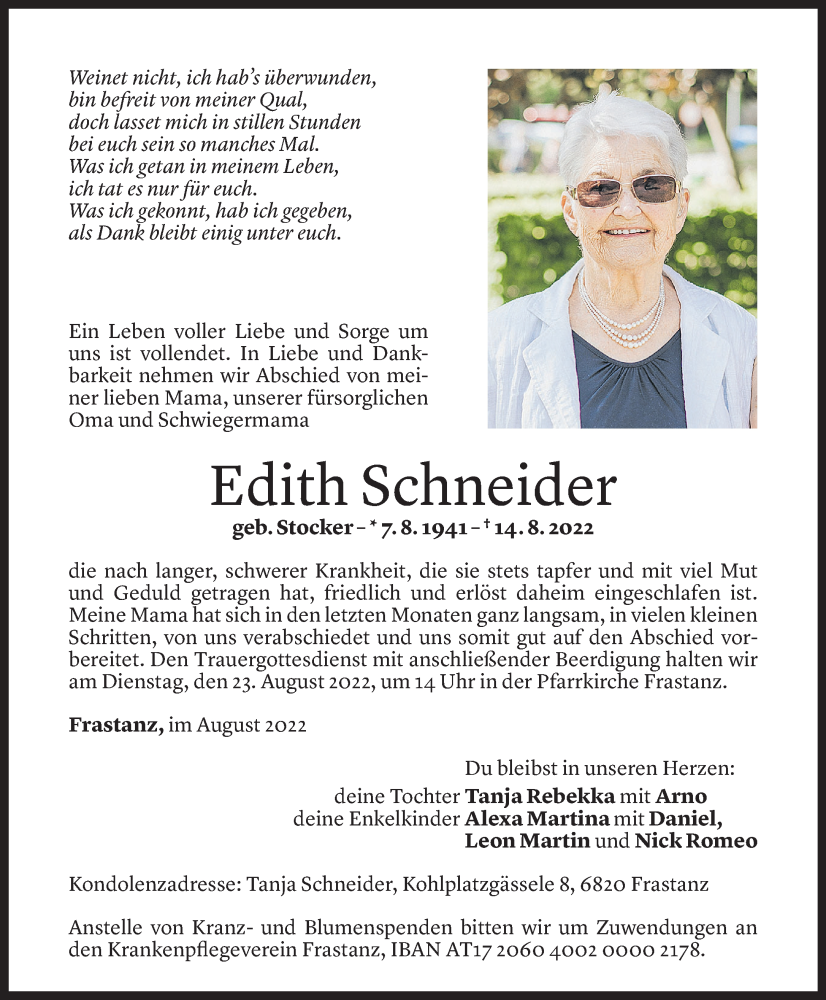  Todesanzeige für Edith Schneider vom 19.08.2022 aus Vorarlberger Nachrichten