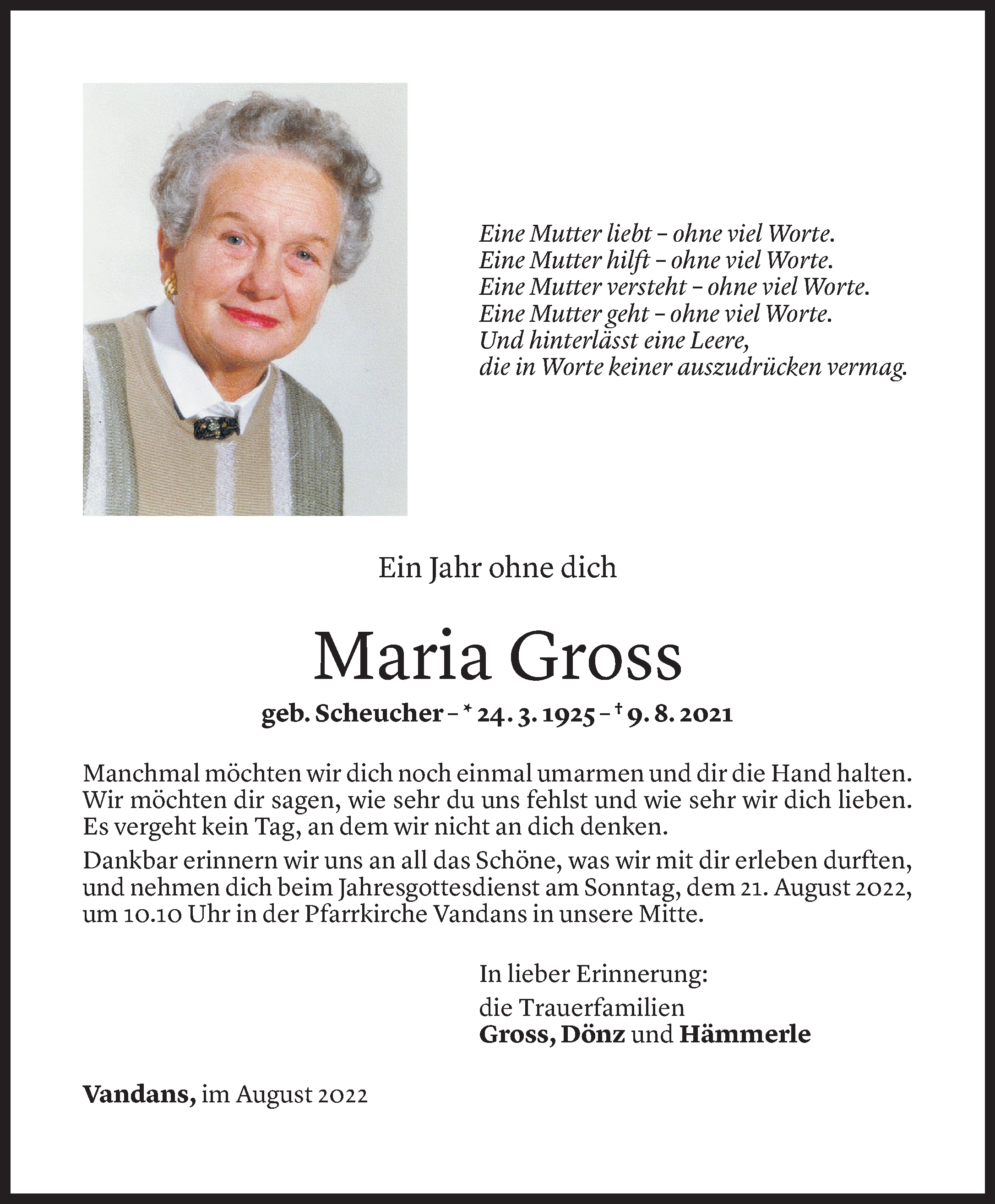 Todesanzeige von Maria Gross von vorarlberger nachrichten