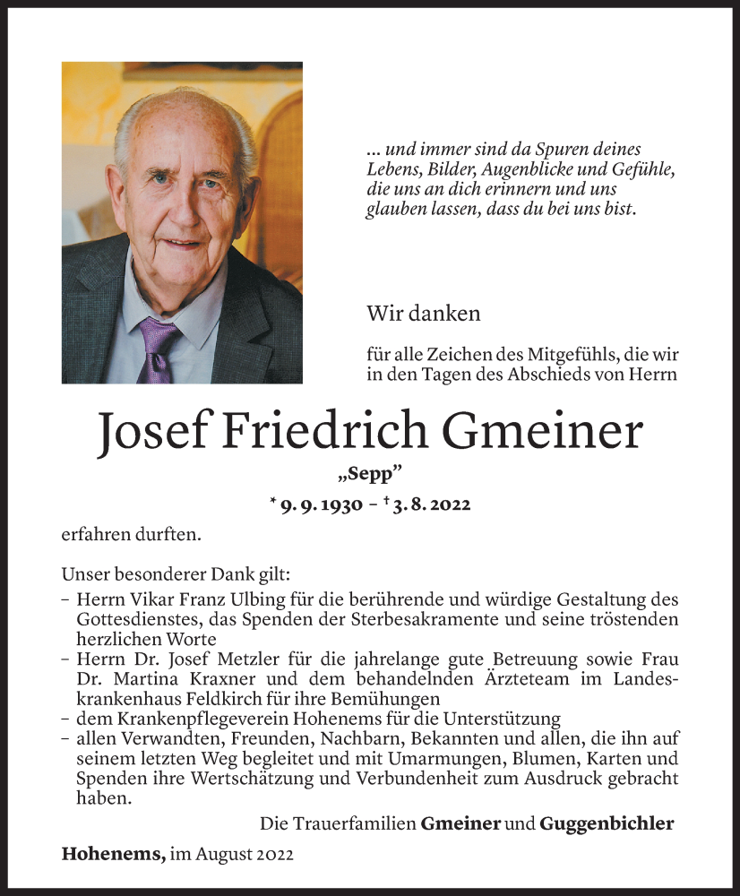  Todesanzeige für Josef Friedrich Gmeiner vom 20.08.2022 aus Vorarlberger Nachrichten