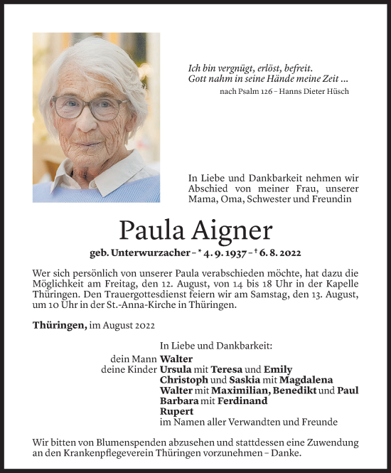 Todesanzeige von Paula Aigner von Vorarlberger Nachrichten