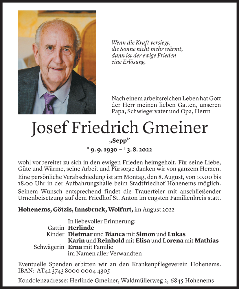  Todesanzeige für Josef Friedrich Gmeiner vom 06.08.2022 aus Vorarlberger Nachrichten