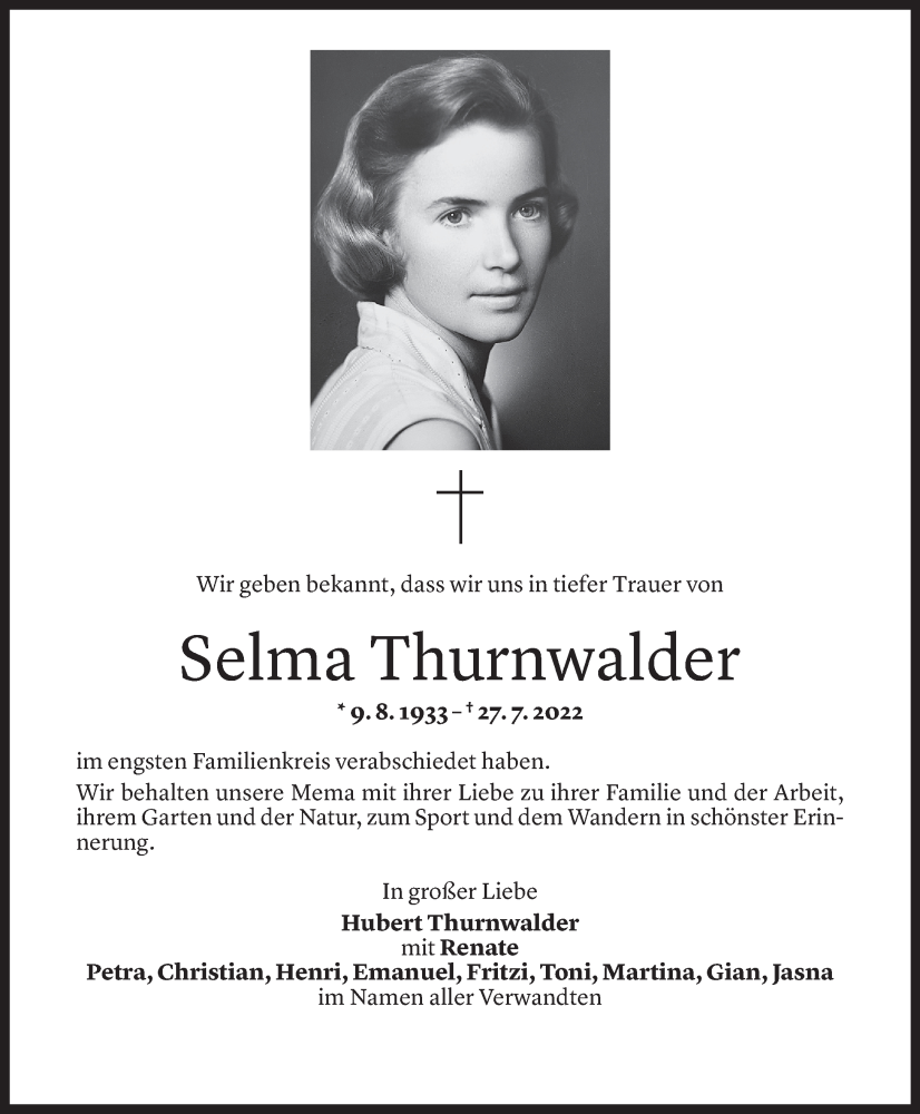  Todesanzeige für Selma Thurnwalder vom 03.08.2022 aus Vorarlberger Nachrichten
