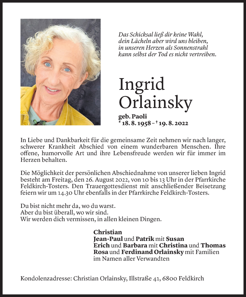  Todesanzeige für Ingrid Orlainsky vom 23.08.2022 aus Vorarlberger Nachrichten