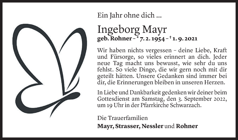  Todesanzeige für Ingeborg Mayr vom 31.08.2022 aus Vorarlberger Nachrichten