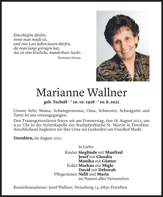 Todesanzeige von Marianne Wallner von vorarlberger nachrichten