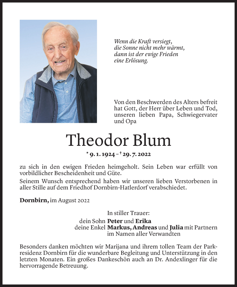  Todesanzeige für Theodor Blum vom 06.08.2022 aus Vorarlberger Nachrichten