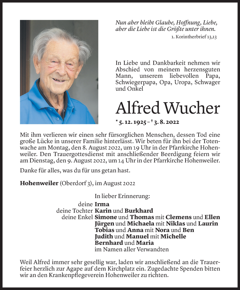  Todesanzeige für Alfred Wucher vom 05.08.2022 aus Vorarlberger Nachrichten