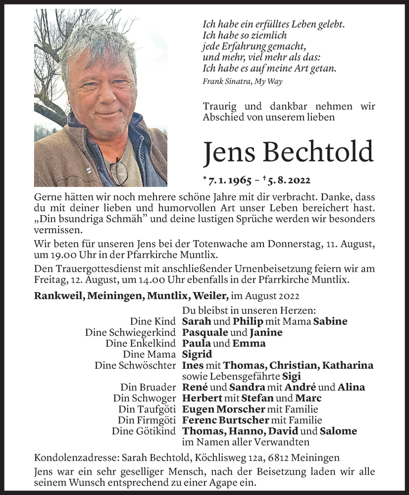  Todesanzeige für Jens Bechtold vom 09.08.2022 aus Vorarlberger Nachrichten