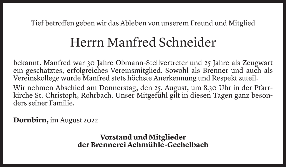 Todesanzeige für Manfred Schneider vom 18.08.2022 aus Vorarlberger Nachrichten
