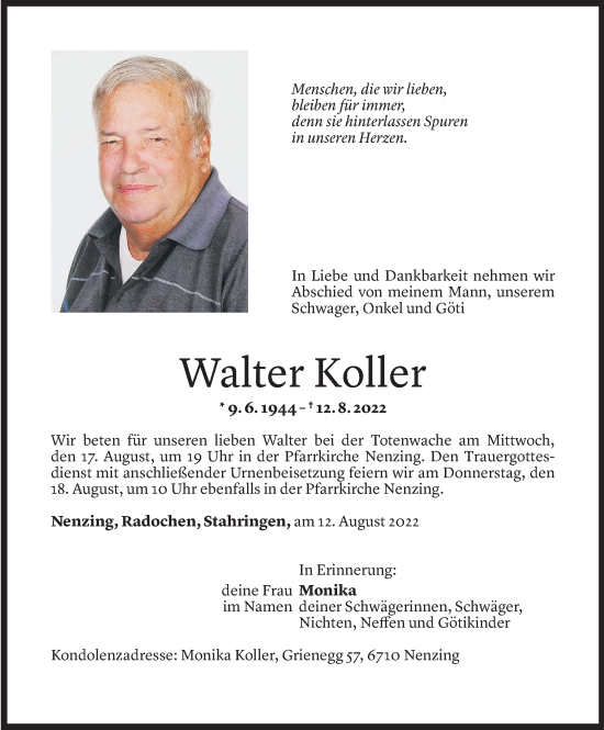 Todesanzeige von Walter Koller von Vorarlberger Nachrichten