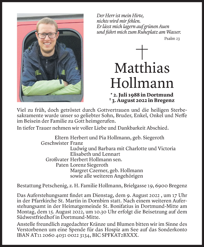  Todesanzeige für Matthias Hollmann vom 05.08.2022 aus Vorarlberger Nachrichten