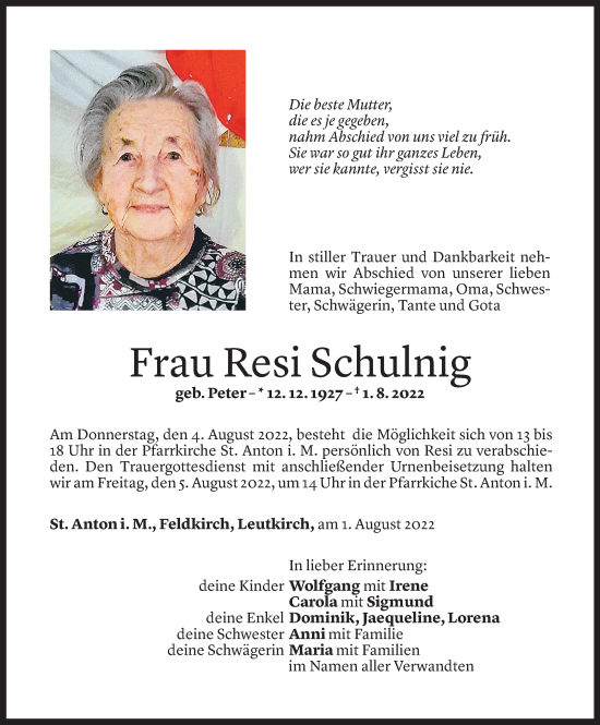 Todesanzeige von Resi Schulnig von Vorarlberger Nachrichten