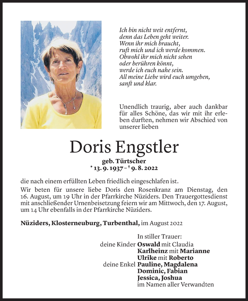  Todesanzeige für Doris Engstler vom 13.08.2022 aus vorarlberger nachrichten