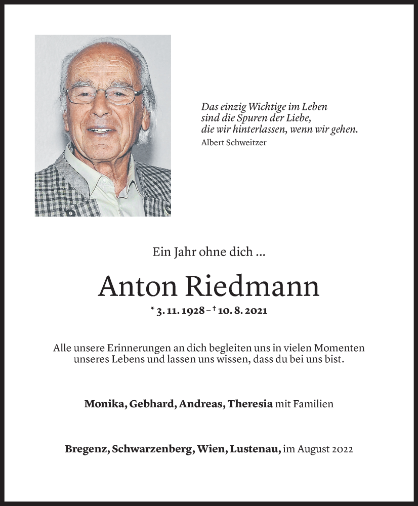  Todesanzeige für Anton Riedmann vom 09.08.2022 aus Vorarlberger Nachrichten