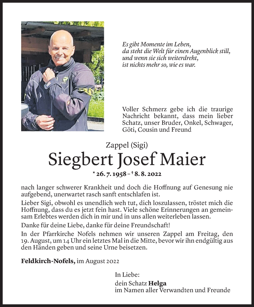  Todesanzeige für Siegbert Josef Maier vom 15.08.2022 aus Vorarlberger Nachrichten
