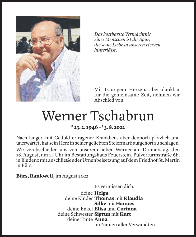  Todesanzeige für Werner Tschabrun vom 13.08.2022 aus vorarlberger nachrichten
