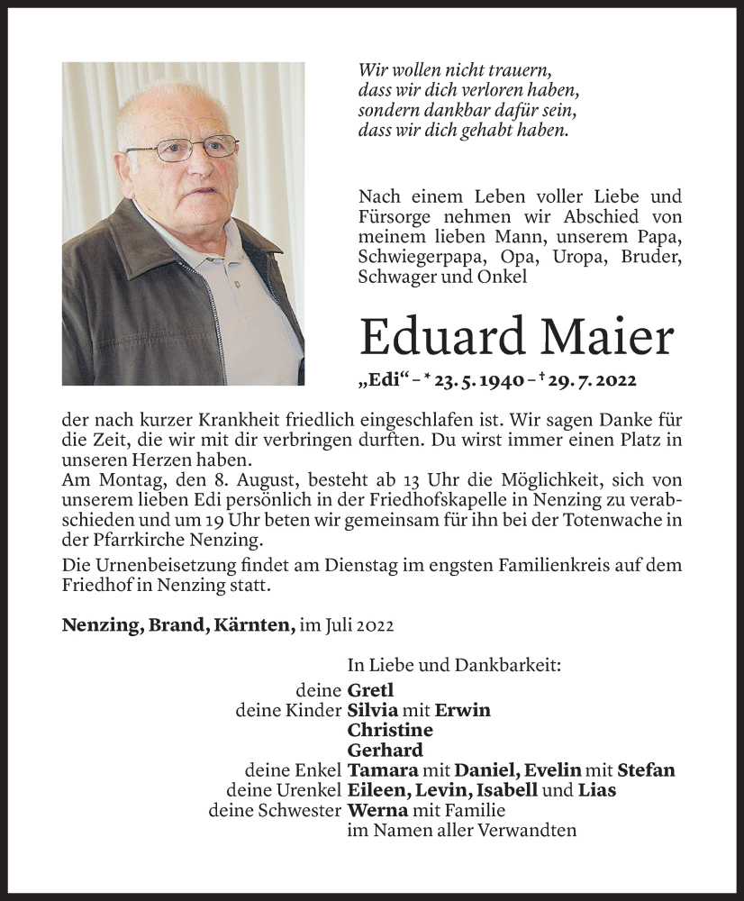  Todesanzeige für Eduard Maier vom 06.08.2022 aus Vorarlberger Nachrichten