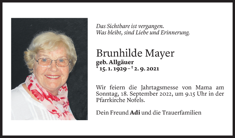 Todesanzeige für Brunhilde Mayer vom 02.09.2022 aus Vorarlberger Nachrichten