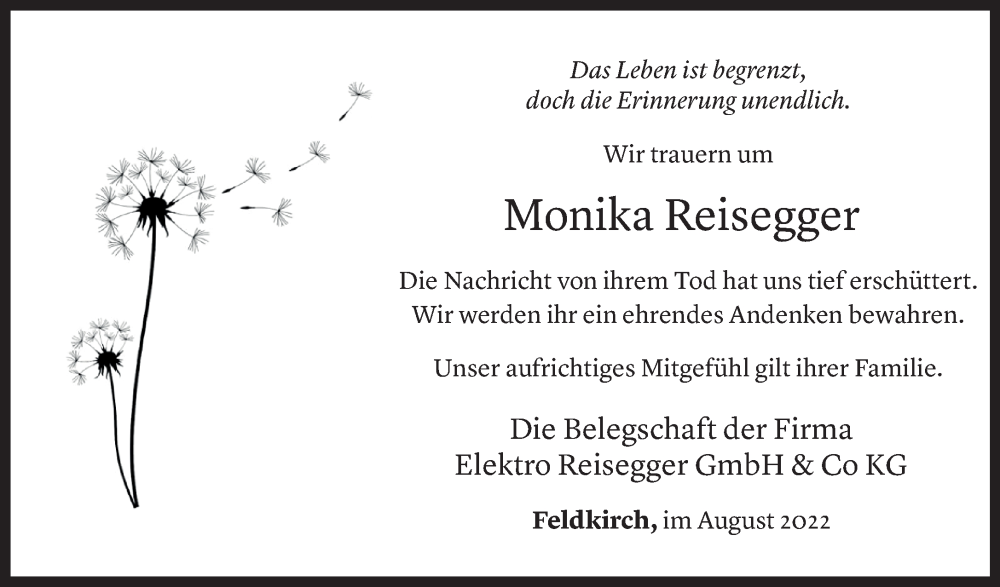  Todesanzeige für Monika Reisegger vom 24.08.2022 aus Vorarlberger Nachrichten