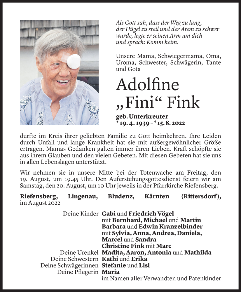  Todesanzeige für Adolfine Fink vom 18.08.2022 aus Vorarlberger Nachrichten