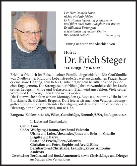 Todesanzeige von Erich Steger von Vorarlberger Nachrichten