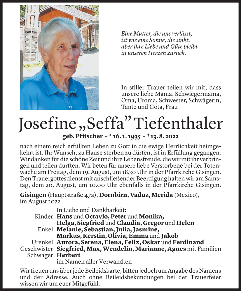 Todesanzeigen von Josefine Tiefenthaler | Todesanzeigen Vorarlberger ...