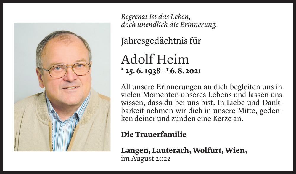  Todesanzeige für Adolf Heim vom 05.08.2022 aus Vorarlberger Nachrichten