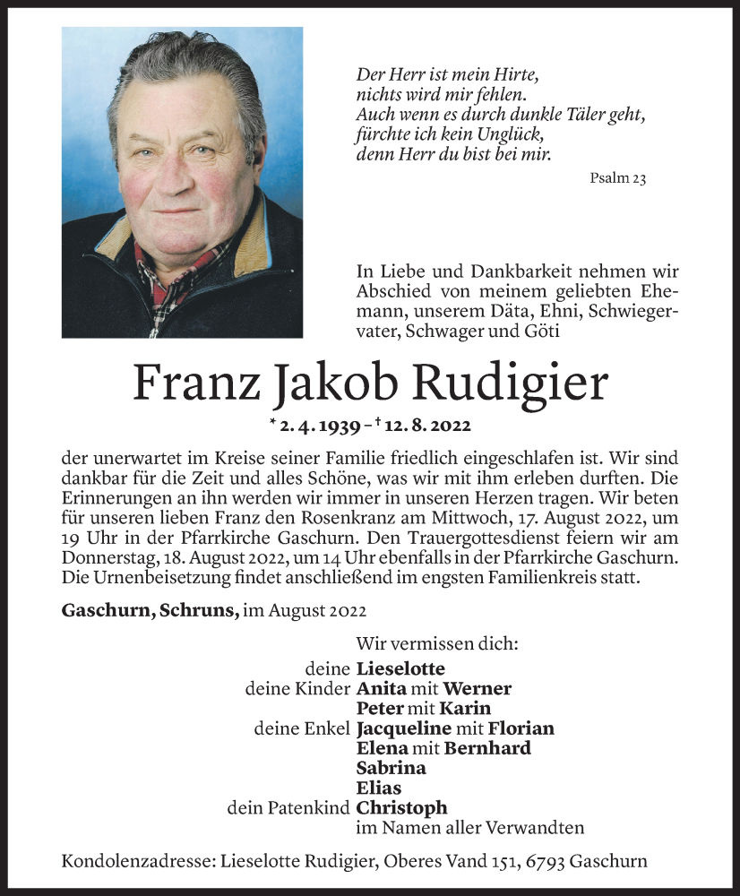  Todesanzeige für Franz Jakob Rudigier vom 16.08.2022 aus Vorarlberger Nachrichten