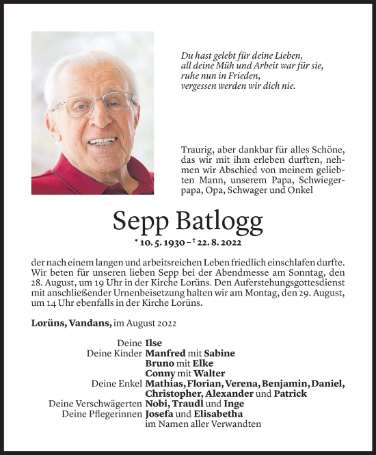 Todesanzeige von Sepp Batlogg von Vorarlberger Nachrichten