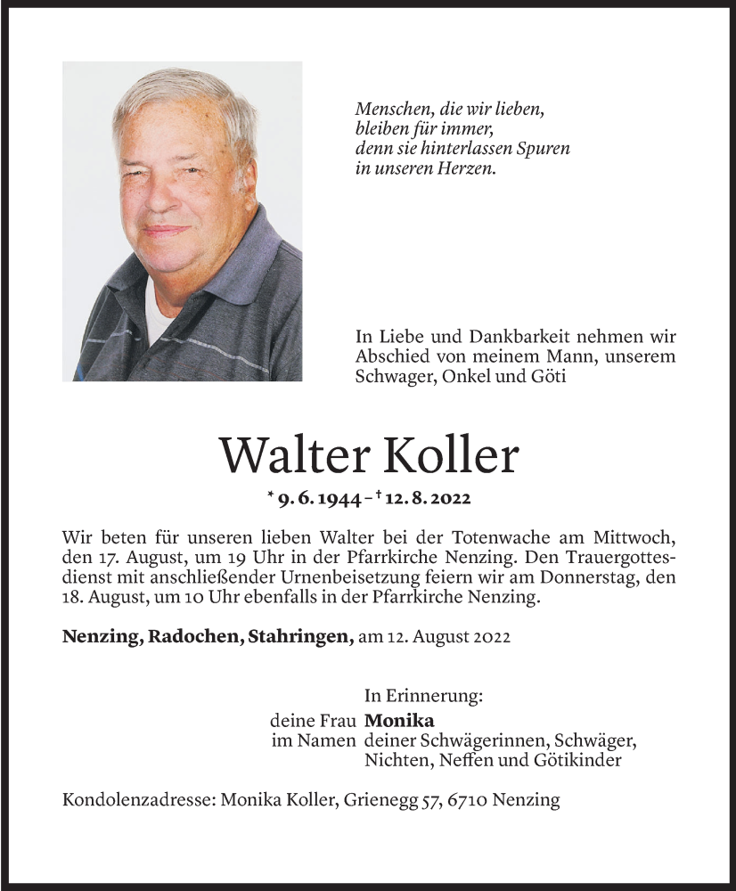  Todesanzeige für Walter Koller vom 17.08.2022 aus Vorarlberger Nachrichten