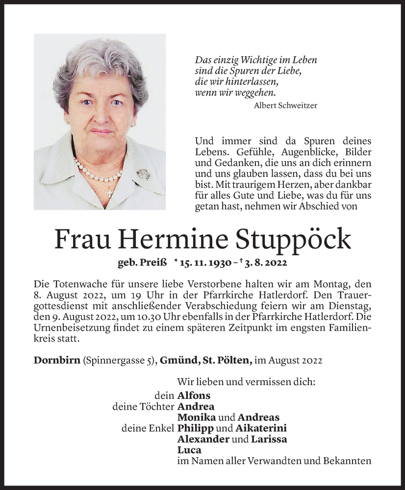  Todesanzeige für Hermine Stuppöck vom 05.08.2022 aus Vorarlberger Nachrichten