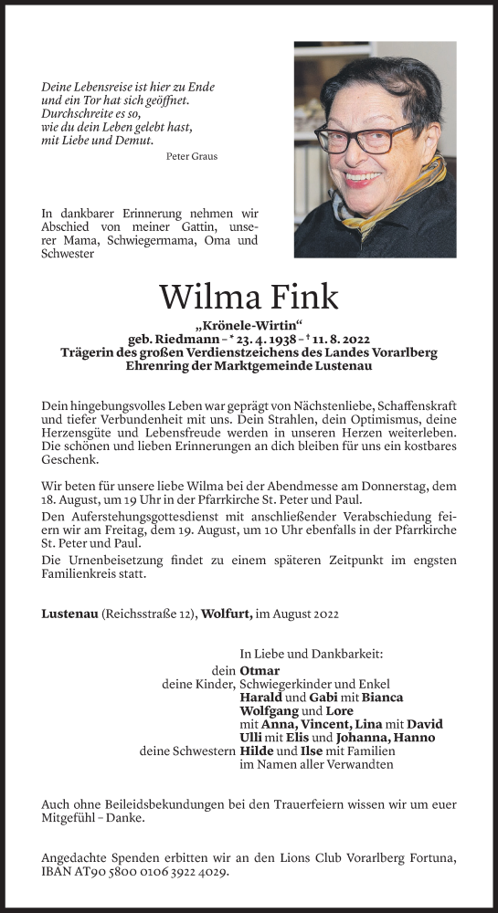  Todesanzeige für Wilma Fink vom 15.08.2022 aus Vorarlberger Nachrichten