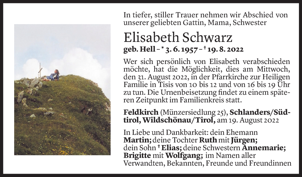  Todesanzeige für Elisabeth Schwarz vom 28.08.2022 aus Vorarlberger Nachrichten